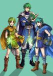  3boys :d armor asbel_(fire_emblem) bangs black_footwear blue_cape blue_jacket blue_shirt book boots brown_footwear cape ced_(fire_emblem) clenched_hand fingerless_gloves fire_emblem fire_emblem:_genealogy_of_the_holy_war fire_emblem:_the_binding_blade fire_emblem:_thracia_776 gloves green_background green_eyes green_gloves green_hair green_shirt green_shorts gzei highres holding holding_book hood hooded_cape jacket long_sleeves looking_at_viewer lugh_(fire_emblem) magic male_focus multiple_boys open_mouth pants pauldrons shadow shirt short_hair short_sleeves shorts shoulder_armor simple_background sleeveless sleeveless_shirt smile white_cape white_pants yellow_cape 