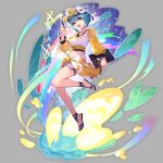  1girl bangs blue_hair breasts copyright_request essual_(layer_world) hair_ornament highres looking_at_viewer medium_breasts midriff navel official_art open_mouth red_eyes sandals sarong see-through see-through_sleeves short_hair shorts solo visor_cap 