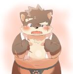  anthro asian_clothing belly blush canid canine canis clothing domestic_dog east_asian_clothing embarrassed eyebrows fundoshi japanese_clothing lifewonders male mammal moritaka navel notched_ear scar slightly_chubby solo thick_eyebrows tokyo_afterschool_summoners towel underwear video_games 