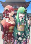  2girls :d absurdres architecture bare_shoulders blush braid breasts building cleavage colored_inner_hair day drill_hair east_asian_architecture facial_mark floral_print flower frilled_kimono frills green_hair green_kimono green_nails hair_flower hair_ornament highres hololive houshou_marine japanese_clothes kimono kinchaku large_breasts long_sleeves looking_at_viewer multicolored_hair multiple_girls nail_polish obi off_shoulder otomi_yuki outdoors pink_eyes pink_hair pouch print_kimono purple_hair red_flower red_hair red_kimono sash sleeves_past_fingers sleeves_past_wrists small_breasts smile streaked_hair uruha_rushia v virtual_youtuber wide_sleeves yellow_eyes 