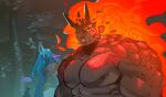  2boys abs absurdres animal_ear_request bara breast_envy character_request colored_sclera commentary dark-skinned_male dark_skin demise demon_boy english_text fiery_hair from_side ganondoodle highres horns large_pectorals long_hair looking_at_another looking_down male_focus mature_male meme monster_boy multiple_boys multiple_horns muscle_envy muscular muscular_male nipples no_pupils nude orange_sclera pectoral_envy_(meme) pectorals scales short_hair sideburns sweat symbol-only_commentary the_legend_of_zelda upper_body 