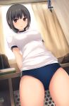  1girl aoyama_sumika bangs black_hair blue_buruma blush breasts brown_eyes buruma coffee-kizoku dutch_angle gym_shirt gym_uniform highres indoors looking_at_viewer medium_breasts medium_hair original shirt solo 