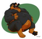  abdominal_bulge anthro belly big_belly black_body black_fur bodily_fluids canid canine canis domestic_dog duly_noted duo fur hand_on_stomach male mammal mastiff molosser muscular muscular_male oral_vore orange_body orange_fur rottweiler saliva same_size_vore tongue tongue_out vore 