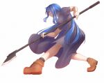  1girl blue_hair boots degtyaryov2952 dress enri_louvre grey_dress highres holding holding_scythe long_hair naraku naraku_1 red_eyes scythe solo weapon 