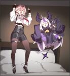  2girls arms_up bangs bed behalter black_border black_footwear black_pantyhose black_shorts border collar constricted_pupils demon_horns demon_tail film_grain fingerless_gloves gloves hair_between_eyes hairband head_wings high-waist_shorts high_heels highres hololive horns jumping la+_darknesss long_hair looking_at_viewer medium_hair multicolored_hair multiple_girls pantyhose parody pink_hair purple_hair shirt shorts streaked_hair tail takane_lui thigh_strap trench_coat very_long_hair virtual_youtuber white_hair white_shirt 