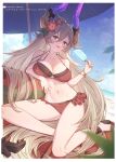  1girl absurdres bangs bare_shoulders beach beach_umbrella bikini blonde_hair blue_sky blush breasts cloud cloudy_sky collarbone day earrings fingernails flower food full_body granblue_fantasy hair_flower hair_ornament hibiscus highres holding holding_food horns jewelry large_breasts long_hair looking_at_viewer navel outdoors parted_lips popsicle red_bikini red_eyes sandals simple_background sitting sky smile solo stomach swimsuit thighs threo_(eternal&#039;s_summer_vacation)_(granblue_fantasy) threo_(granblue_fantasy) umbrella yellowpaint. 