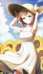  1girl absurdres bangs braid braided_bangs brown_eyes brown_hair cloud cloudy_sky dress feathers flower friend_(nanashi_mumei) grin hands_on_headwear hat highres hololive hololive_english kaiju_ryoku looking_at_viewer multicolored_hair nanashi_mumei short_hair sky smile streaked_hair sun_hat sundress sunflower virtual_youtuber wind wind_lift 