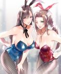  2girls ;d absurdres aerith_gainsborough alternate_costume animal_ears bare_shoulders black_hair blue_leotard braid braided_ponytail breasts brown_hair choker cleavage closed_mouth collarbone commentary covered_navel final_fantasy final_fantasy_vii final_fantasy_vii_remake fishnet_pantyhose fishnets green_eyes hand_on_hip highres jewelry large_breasts leaning_forward leotard long_hair looking_at_viewer medium_breasts multiple_girls one_eye_closed pantyhose parted_lips pendant playboy_bunny rabbit_ears rabbit_tail red_eyes red_leotard ribbon_choker shoji_sakura smile symbol-only_commentary tail tifa_lockhart 