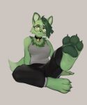  anthro bell bell_collar claws clothing collar domestic_cat eyewear feet felid feline felis female foot_focus glasses green_hair green_pawpads grey_background hair hi_res kerneldecoy mammal pawpads paws simple_background sitting soles solo toe_claws 