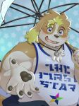  absurd_res amidasuke anthro belly blonde_hair blush canid canine canis clothing domestic_dog floppy_ears hair hi_res hisaki_(live-a-hero) jewelry lifewonders live-a-hero looking_at_viewer male mammal necklace offering_hand overweight shirt smile solo tank_top topwear umbrella video_games 