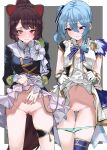  2girls absurdres animal_ears bangs black_jacket blue_bow blue_bowtie blue_eyes blue_hair blue_panties blush bow bow_panties bowtie brown_hair censored chain clothes_lift commission cowboy_shot cropped_jacket cuffs dog_ears dog_girl dog_tail flower gloves hair_between_eyes hand_on_own_stomach handcuffs heterochromia highres hololive hoshimachi_suisei idol inui_toko jacket lifted_by_self light_smile long_hair long_sleeves looking_at_viewer mosaic_censoring multiple_girls navel nijisanji no_panties nose_blush official_alternate_costume overflow panties panty_pull parted_lips presenting pussy red_eyes shirt side_ponytail single_thighhigh skeb_commission skirt skirt_lift standing tail thigh_strap thighhighs underwear vest virtual_youtuber white_flower white_gloves white_shirt white_vest yellow_eyes yuukauta 