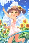  1girl :d armpits bottomless brown_hair dress duplicate flip-flops flower hair_flower hair_ornament hose kito_(sorahate) looking_at_viewer no_panties open_mouth original outdoors pixel-perfect_duplicate sandals see-through short_twintails smile spraying sundress sunflower tan tanlines twintails water wet wet_clothes white_dress yellow_eyes 