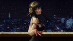  1girl bare_shoulders black_dress black_gloves black_hair blood blood_on_clothes blood_on_face blood_on_hands breasts city city_lights dress fingerless_gloves flower gloves gold_hairband hair_between_eyes hair_flower hair_ornament hair_up highres honeybunny-art looking_back medium_breasts night night_sky outstretched_hand parted_lips red_eyes sidelocks sky smile solo spy_x_family upper_body wide_shot yor_briar 