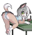  anthro blush bottomwear butt canid canine clothed clothing digital_media_(artwork) female green_eyes hair happy hi_res looking_at_viewer lyssapaws mammal meta one_eye_closed pawpads paws pink_paws signature simple_background skirt smile solo sport underwear wink 