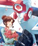  :d blue_dress bouquet brown_hair closed_eyes dress guard_rescue hair_bun holding holding_bouquet itaru_souga katsuki_masako kunieda_yoshiko long_sleeves mecha petals robot short_hair smile taiyou_no_yuusha_fighbird yuusha_series 