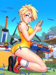 1girl ass blonde_hair blue_eyes box breasts day ear_piercing full_body game_boy game_boy_(original) grass handheld_game_console kneeling large_breasts looking_back nerf_gun one-piece_swimsuit original outdoors piercing pointy_ears red_footwear ronindude shoes sneakers socks solo surge_(drink) swimsuit tamagotchi toy_sword twizzlers white_socks yellow_swimsuit 