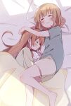  2girls :3 bangs barefoot blanket blush closed_eyes closed_mouth commentary_request fang fang_out foot_out_of_frame grey_shirt hand_on_another&#039;s_head happy head_on_pillow highres hug light_brown_hair long_hair lying medium_hair mesushio multiple_girls on_side oomuro-ke oomuro_hanako oomuro_sakurako pajamas parted_lips pillow shirt short_sleeves shorts siblings sisters sleeping under_covers wavy_hair yuru_yuri 