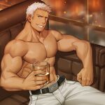  1boy abs bara bare_pectorals belt chrisanother cup drinking feet_out_of_frame holding holding_cup male_focus mature_male muscular muscular_male nanakase_yashiro nipples pants pectorals short_hair sitting smirk solo spread_legs the_king_of_fighters the_king_of_fighters_xv white_hair white_pants 