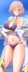  1girl bikini blue_eyes blue_sky breasts choker coat crossed_arms curvy epaulettes glove_in_mouth gloves gridman_universe highres kippuru large_breasts looking_at_viewer mouth_hold mujina navel off_shoulder pink_hair purple_bikini short_hair skindentation sky solo ssss.dynazenon stomach swimsuit thighs white_coat wide_hips 