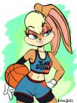  2021 3:4 anthro ball basketball_(ball) basketball_uniform blue_eyes buckteeth clothed clothing eyelashes female gloves hair handwear lagomorph leporid lola_bunny looney_tunes mammal rabbit rongs1234 signature simple_background smile solo space_jam sportswear tan_body teeth uniform warner_brothers 