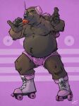  2022 anthro backpack belly bottomwear brown_body bulge clothing eating food headphones hi_res k-9 male mammal moobs nipples overweight overweight_male popsicle rollerskates shorts solo ursid 