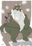  2022 anthro belly big_belly black_eyes black_nose blush bodily_fluids canid canine dot_eyes hi_res humanoid_hands kemono male mammal moobs overweight overweight_male sauna sitting solo steam sweat towel towel_around_neck uokkom 