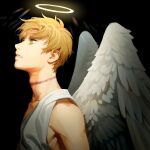  1boy angel angel_wings axis_powers_hetalia black_background blonde_hair feathered_wings glowing green_eyes halo lens_flare littleb623 male_focus parted_lips scar scar_on_neck short_hair sleeveless_tunic tunic united_kingdom_(hetalia) upper_body white_tunic white_wings wings 