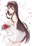  absurdres bare_shoulders bouquet breasts bride brown_hair cojohn dress fate/grand_order fate_(series) flower hair_flower hair_ornament highres long_hair oda_nobunaga_(fate) petals red_eyes very_long_hair wedding_dress 