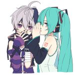  2girls aqua_eyes aqua_hair aqua_nails aqua_necktie arm_warmers bandaged_arm bandages bare_shoulders black_sleeves commentary covering_mouth detached_sleeves fingerless_gloves flower_(vocaloid) flower_(vocaloid4) from_side gloves grey_shirt hair_ornament hands_up hatsune_miku headphones long_hair looking_at_viewer looking_to_the_side multicolored_hair multiple_girls nail_polish necktie open_mouth purple_eyes purple_gloves purple_hair purple_nails purple_shirt purple_sleeves purple_vest rsk_(tbhono) shirt short_hair shoulder_tattoo simple_background single_arm_warmer single_glove sleeveless sleeveless_shirt streaked_hair striped_arm_warmers tattoo twintails upper_body very_long_hair vest vocaloid whispering white_background 