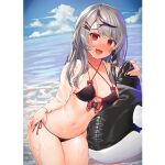  1girl :d @_@ bikini black_bikini black_hair blush breasts cleavage grey_hair hair_ornament hairclip hololive inflatable_orca inflatable_toy kibanda_gohan large_breasts long_hair looking_at_viewer multicolored_hair ocean off_shoulder outdoors red_eyes sakamata_chloe shirt side-tie_bikini smile solo streaked_hair string_bikini swimsuit virtual_youtuber white_shirt x_hair_ornament 