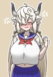  1girl acesrulez alternate_costume anger_vein blue_skirt blush clenched_hand closed_eyes commentary_request cowgirl_position full-face_blush hair_over_one_eye hair_tie kemono_friends long_hair midriff_peek navel neckerchief nose_blush ox_ears ox_girl ox_horns pleated_skirt red_neckerchief sailor_collar school_uniform serafuku shirt skirt solo straddling sweatdrop twintails white_hair white_shirt yak_(kemono_friends) 