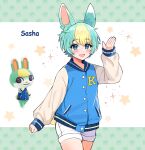  1boy animal_crossing animal_ears aqua_hair blonde_hair blue_eyes blue_jacket blush character_name cowboy_shot green_background hand_up highres jacket jirafuru letterboxed letterman_jacket long_sleeves looking_at_viewer male_focus multicolored_hair open_mouth personification rabbit_boy rabbit_ears rabbit_tail sasha_(animal_crossing) short_shorts shorts smile sparkle star_(symbol) tail two-tone_hair waving white_background white_shorts 