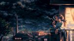  1girl balcony blue_eyes brown_hair building cigarette city cloud cloudy_sky curtains english_commentary long_hair long_sleeves night original otnweo outdoors pants parted_lips pixel_art pollution ponytail railing shirt sky smoke smoking solo tree 