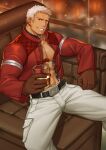 1boy abs bara bare_pectorals belt chrisanother cup drinking feet_out_of_frame heart_collar highres holding holding_cup jacket male_focus mature_male muscular muscular_male nanakase_yashiro pants pectorals short_hair sitting smirk solo spread_legs the_king_of_fighters the_king_of_fighters_xv white_hair white_pants 