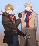  2020 2boys ahoge america_(hetalia) american_flag american_flag_print arms_behind_back axis_powers_hetalia belt blonde_hair blue_eyes dated denim fingerless_gloves flag_print food gloves grin holding holding_phone industrial_pipe jacket jeans leather leather_jacket littleb623 male_focus mochi mochimerica_(hetalia) multiple_boys pants phone pointing pointing_at_self print_bandana print_scarf purple_eyes russia_(hetalia) russian_flag_print scarf smile star-shaped_pupils star_(symbol) symbol-shaped_pupils trench_coat winter 