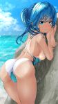  1girl aigami_kaon ass back bangs blue_eyes blue_hair blue_sky blush breasts closed_mouth clothing_aside commentary_request competition_swimsuit day from_behind garter-velvet highleg highres horizon long_hair looking_at_viewer ocean one-piece_swimsuit original outdoors rock sideboob signature sky small_breasts smile solo standing swimsuit swimsuit_aside tan tanlines 