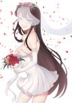  absurdres bare_shoulders bouquet breasts bridal_veil bride brown_hair cojohn dress elbow_gloves fate/grand_order fate_(series) flower gloves hair_flower hair_ornament highres long_hair oda_nobunaga_(fate) petals red_eyes veil very_long_hair wedding_dress 