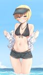  1girl aa211108 bikini bikini_under_clothes black_bikini black_shorts blonde_hair blush breasts clothes_pull front-tie_bikini front-tie_top highres idolmaster idolmaster_shiny_colors looking_at_viewer navel open_clothes open_shirt outdoors saijo_juri shirt shirt_pull short_hair short_shorts shorts small_breasts solo swimsuit thigh_gap visor_cap wading wet wet_clothes wet_shirt white_shirt 