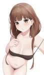  1girl belly black_bra blush bottomless bra breasts brown_eyes brown_hair cleavage collarbone coro_fae hand_up highres iino_miko kaguya-sama_wa_kokurasetai_~tensai-tachi_no_renai_zunousen~ long_hair low_twintails medium_breasts navel parted_lips raised_eyebrows simple_background stomach strap_slip thighs twintails underwear white_background 