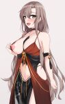  1girl absurdres blush breasts brown_eyes brown_hair dress girls&#039;_frontline highres hip_vent jewelry long_hair looking_at_viewer mod3_(girls&#039;_frontline) necklace nipples official_alternate_costume open_mouth scourer_14 simple_background smile solo type_97_shotgun_(drunken_petals)_(girls&#039;_frontline) type_97_shotgun_(girls&#039;_frontline) 