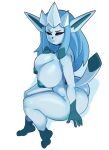  anthro areola big_breasts big_butt blue_areola blue_body blue_hair blue_nipples breasts butt dipstick_tail eeveelution female frown glaceon gloves_(marking) hair hand_on_breast hi_res leg_markings looking_at_viewer markings narrowed_eyes nintendo nipples nude pok&eacute;mon pok&eacute;mon_(species) purple_eyes sitting socks_(marking) solo somescrub tail_markings thick_thighs video_games 
