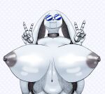  anthro areola big_breasts big_ears biped breasts choker curvy_figure digital_media_(artwork) eyewear female floppy_ears gesture glistening glistening_breasts hi_res huge_breasts jewelry lagomorph leporid machine mammal necklace nipples nude pen_(artwork) rabbit realius robot simple_background smile solo standing sunglasses traditional_media_(artwork) v_sign voluptuous wide_hips 