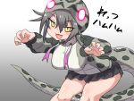  1girl bangs black_skirt breasts claw_pose drawstring fangs grey_hair grey_hoodie highres hood hood_up hoodie kemono_friends large_breasts long_sleeves looking_at_viewer miniskirt mo23 okinawa_habu_(kemono_friends) short_hair sidelocks skirt slit_pupils smile snake_print snake_tail solo tail thick_thighs thighs translated tsurime yellow_eyes 