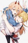  1boy 1girl black_necktie black_pants blonde_hair carrying chainsaw_man collarbone denji_(chainsaw_man) double_v hair_between_eyes half-closed_eyes highres horns hug hug_from_behind looking_at_viewer necktie oni_horns open_mouth orange_hair pants piggyback power_(chainsaw_man) sharp_teeth shoes simple_background symbol-shaped_pupils teeth v white_background yaaa_iroh3 yellow_eyes 