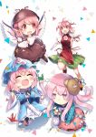  4girls ahoge bandaged_arm bandages bangs bear_mask bird_wings blue_headwear blue_kimono blue_shirt blush bow bowtie brown_dress brown_headwear bun_cover candy chibi color_connection crayon double_bun dress expressionless flower flying food green_skirt hair_bun hair_color_connection hat hata_no_kokoro highres ibaraki_kasen japanese_clothes kapuchii kimono long_hair long_sleeves mask miniskirt mob_cap multiple_girls mystia_lorelei obi open_mouth origami paper_crane pink_bow pink_bowtie pink_eyes pink_flower pink_hair pink_rose pink_skirt plaid plaid_shirt puffy_long_sleeves puffy_short_sleeves puffy_sleeves red_eyes red_footwear red_ribbon ribbon ribbon-trimmed_skirt ribbon_trim rose running saigyouji_yuyuko sash shirt shoes short_sleeves simple_background skirt smile sweat sweatdrop tabard touhou triangular_headpiece white_background white_shirt wide_sleeves wings 