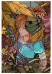  1boy arm_guards belt blonde_hair blue_eyes blue_tunic grass grey_shirt hair_between_eyes highres korok leaf leaf_on_head link long_sleeves male_focus medium_hair outdoors pisu_1107 plant shirt short_sleeves shoulder_strap sidelocks the_legend_of_zelda the_legend_of_zelda:_breath_of_the_wild upper_body 