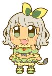  1girl :d bkub blush_stickers bow crop_top eyebrows_visible_through_hair fang full_body fur_trim green_bow green_eyes green_footwear green_shirt green_skirt grey_hair hair_bow lion_tail midriff mole mole_under_mouth multicolored_bow no_nose open_mouth pripara shirt short_hair sidelocks simple_background skirt sleeveless sleeveless_shirt smile solo tail taiyou_pepper tan white_background yellow_bow 