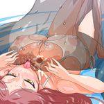  1girl anilingus bikini breasts brown_hair copyright_request covered_nipples cum cum_while_penetrated hetero huge_breasts jt_dong-agyoku paizuri solo_focus swimsuit tongue transparent wet white_bikini yellow_eyes 