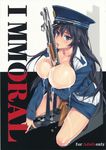  between_breasts black_hair blue_eyes breast_hold breasts copyright_request cover cum cum_on_body cum_on_breasts cum_on_upper_body gun happoubi_jin hat highres huge_breasts kneeling licking long_hair no_bra open_clothes open_shirt peaked_cap pencil_skirt police police_uniform policewoman saliva shirt shotgun skirt solo tongue uniform weapon winchester_model_1897 