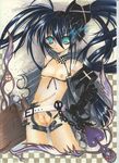  bad_vulva belt black_rock_shooter breasts chain checkered fat_mons green_eyes heart highres insane_black_rock_shooter long_hair loose_belt mezashi_gohan nipples pussy scar small_breasts solo torn_clothes twintails 